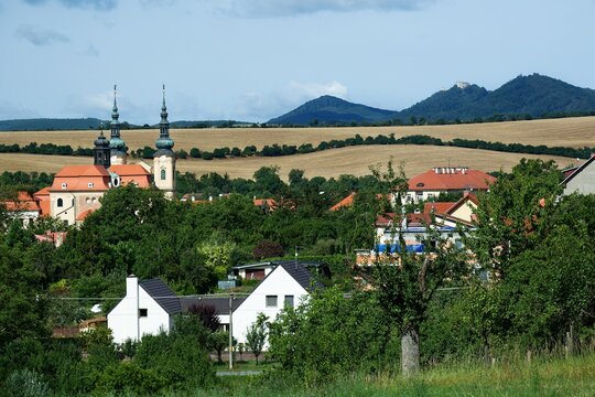 Velehrad and Buchlov castle from the hill near Modra. Czechia.