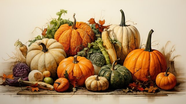  a painting of pumpkins and gourds on a table.  generative ai