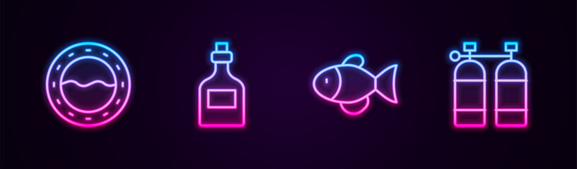 Naklejka premium Set line Ship porthole, Rum bottle, Fish and Aqualung. Glowing neon icon. Vector