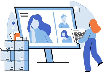 People group on laptop screen taking part in online conference. Virtual work meeting and distance education webinar or videoconferencing. Software for video chat with computer and web communication