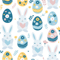 Pattern with Easter bunnies and painted eggs. Cute childish seamless pattern in cartoon style. Flat colorful vector illustration. Cartoon style. Freehand drawing
