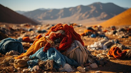 mountain of discarded clothes, textile waste, consumption problems and 