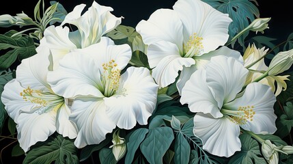  a painting of white flowers with green leaves on a black background.  generative ai