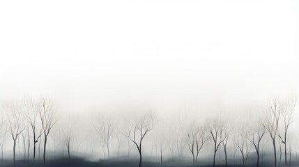  a black and white photo of trees in the fog with a sky background.  generative ai