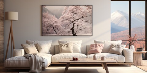 AI Generated. AI Generative.Hige luxury modern light livingroom with frame tree and soft cozy colors.  Graphic Art