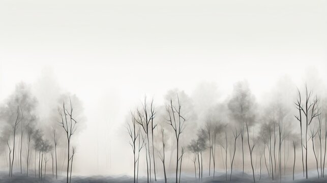 a painting of trees in the fog on a white background.  generative ai