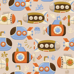 Bright seamless pattern with submarines and marine inhabitants. Designed for printing, fabrics, textiles, postcards. Children's pattern with ships. Marine print. Submarine. Vector illustration - obrazy, fototapety, plakaty
