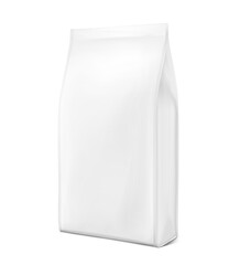 Vertical bag mockup. Flat bottom gusset bag. Half side  view. High realistic. Vector illustration isolated on white background. Ready for use in presentation, promo, advertising and more. EPS10.