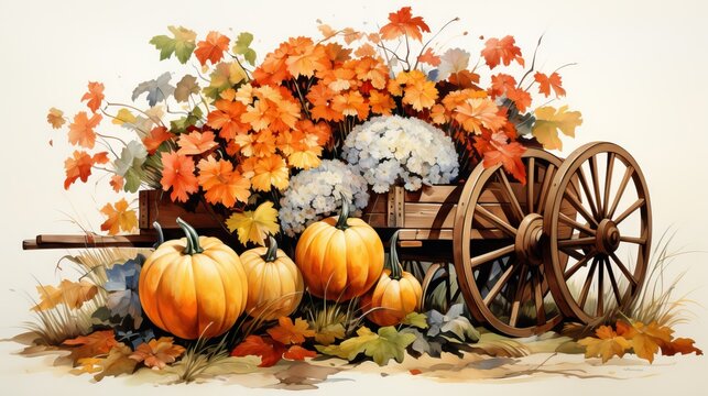  a painting of a wagon filled with pumpkins and flowers.  generative ai