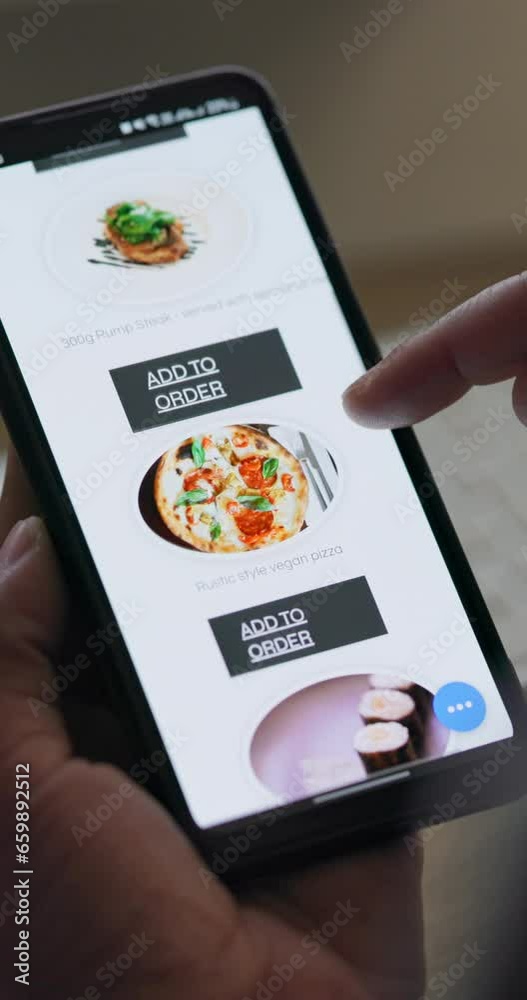 Poster closeup, phone screen and hands with restaurant menu, food and delivery with e commerce and lunch ch