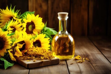 Obraz na płótnie Canvas Sunflower oil and sunflower flowers