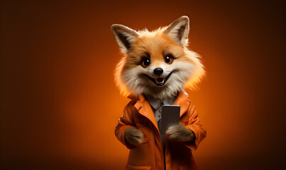 personnage de renard roux habillé avec un smartphone dans la main, fond orange