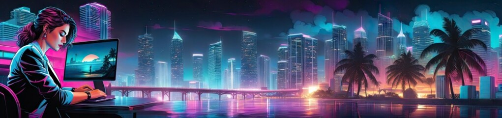 Naklejka premium Abstract fantasy illustration of woman working at computer in cyberpunk style. For social media banner background and for your design for Valentine's Day or Women's Day