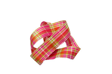 Waving a pink checkered ribbon on a white background. Isolate textile tape