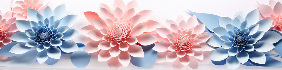 Fototapeta premium flowers paper sculpture ornament white background long narrow row.