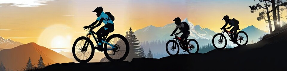 Abstract multicolored illustration, cyclists in mountains, for social media banner background and for your design.