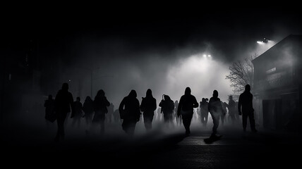 silhouettes of the crowd in the smoke on the street revolution riot.