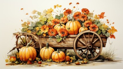  a painting of a wagon filled with pumpkins and flowers.  generative ai