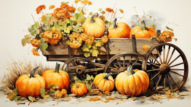  a painting of a wagon filled with pumpkins and flowers.  generative ai