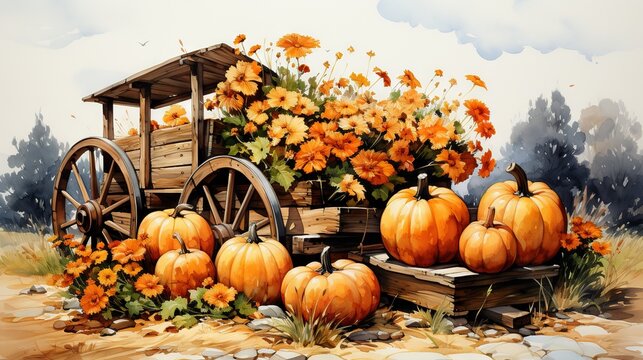  a painting of a wagon with pumpkins and flowers in it.  generative ai