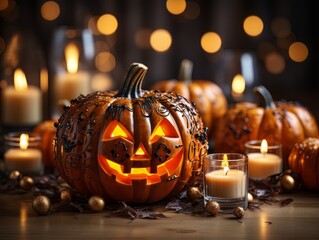 Sinister pumpkin as Halloween symbols tabletop home holiday decor. AI