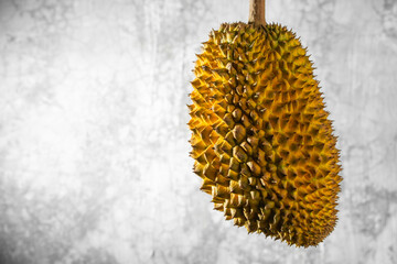 Durian fruit was photographed floating against the background of a cement wall.
