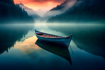 tranquility concept, boat on calm water in the mountains