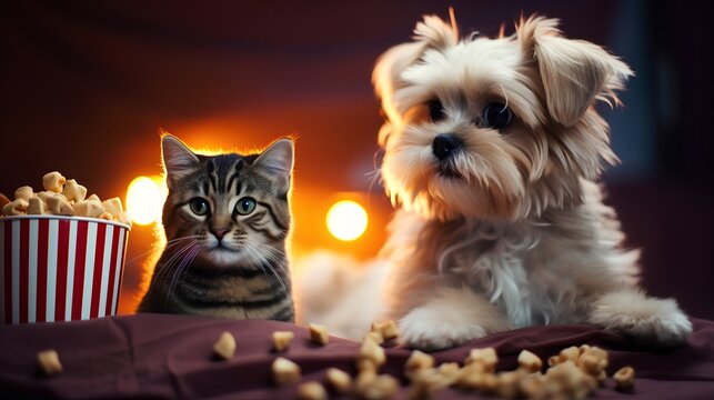 Cat with dog eating popcorn. Eating snacks and watching movie. Cinema night for home pets as enough entertainment for kitty and puppy daily life. Fun humor for cat and dog owners. Friendship harmony