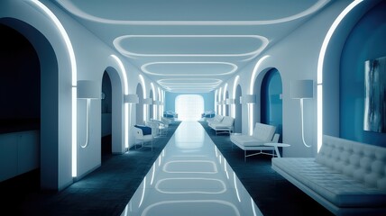 The interior of the lobby of the luxury hotel in white and blue tones