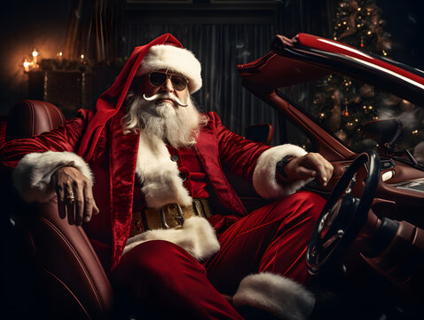 Modern Santa Claus with sunglasses and suit sitting like a Boss in an expensive car instead of sledge. Creative New Year and xmas holiday concept banner.