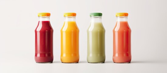 Three bottles in a juice mock up With copyspace for text - obrazy, fototapety, plakaty