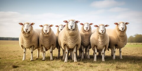 AI Generated. AI Generative. Group of sheeps standing on grass field looking at camera. Graphic Art