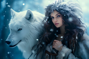 woman with a wolf in winter