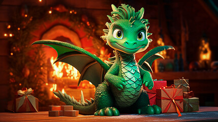 Cute green dragon with Christmas gifts and fireplace in the background. Selective Focus.