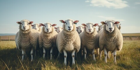 Fototapeta premium AI Generated. AI Generative. Group of sheeps standing on grass field looking at camera. Graphic Art