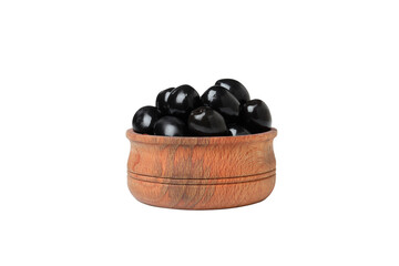 PNG,black olives in a wooden bowl, isolated on white background