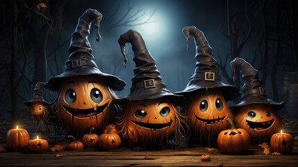 Whimsical Halloween pumpkins in witch hats, amusing Halloween background, playful October scene