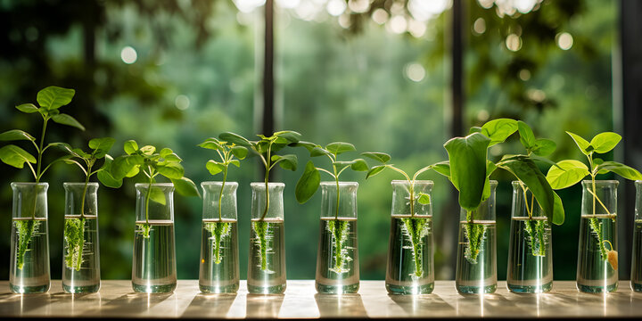 Many green plants growing in test water tubes  The Fascinating World of Green Plants Thriving in Water Tubes An In-Depth Investigation AI Generative             