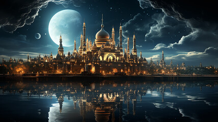Fototapeta na wymiar The Arabian night fairy tale, the landscape in the moonlight the fabulous sultan's palace glows with gold.
