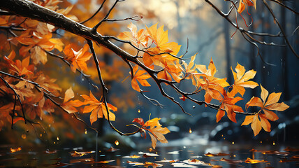 oil painting large brush strokes yellow autumn branches with leaves autumn background.