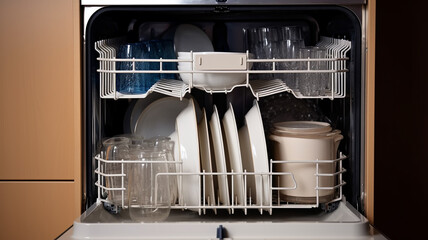 dishwasher with clean dishes in the interior of the bright cozy kitchen of the apartment.