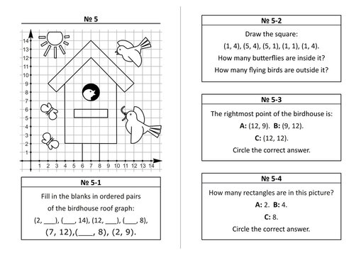 Coordinate plane learning quiz questions set 5. Two-page activity set. Educational math puzzles. No-prep, fun, engaging. Black and white, printable and photocopiable.
