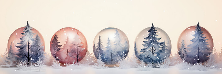 Delicate watercolor Christmas ornaments nestled among snowy winter landscapes 