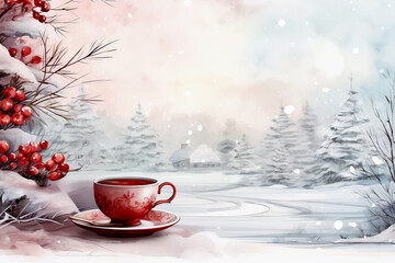 Obraz na płótnie Canvas Watercolor hot Christmas beverages in a winter setting background with empty space for text 
