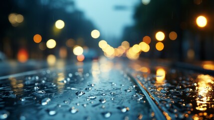 Beautiful Rain drops of water on the windshield of the car with the glass cleaners turned on, during a thunderstorm and rain in the night city. front and back background blurred, bokeh blur - obrazy, fototapety, plakaty
