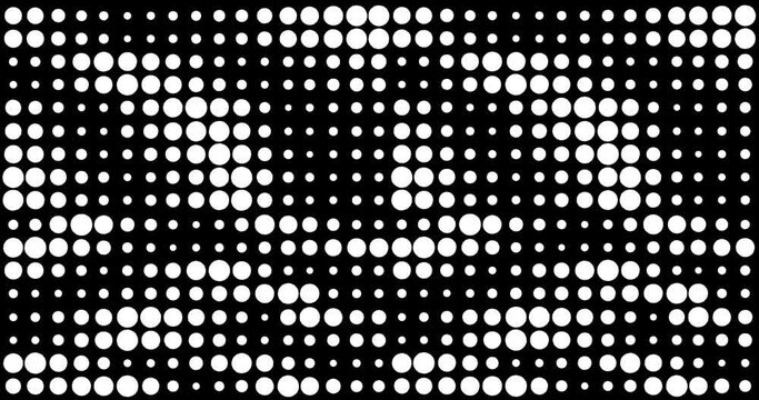 Halftone raster geometric circle abstract background white and black. No colours. Simple pulsing, crazy cartoon animation overlay backdrop. Decorative good for fashion, business, etc...