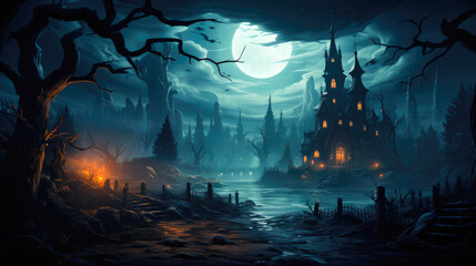 Dark mansion, glowing windows, spooky Halloween background. Photorealistic October creativity