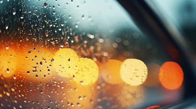 Beautiful Rain drops of water on the windshield of the car with the glass cleaners turned on, during a thunderstorm and rain in the night city. front and back background blurred, bokeh blur