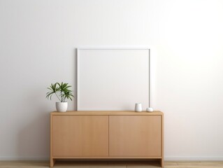 White blank frame mockup stands next to wooden cabinets in a white room generative ai
