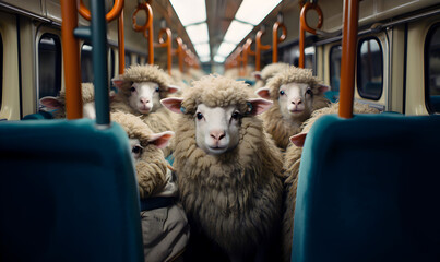 par analogie aux humains, des moutons sont entassés dans un wagon de métro - obrazy, fototapety, plakaty